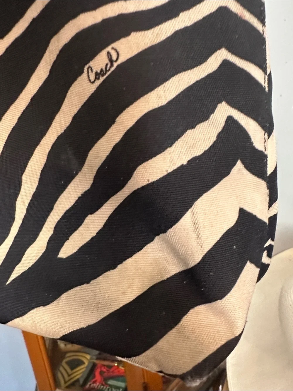 Coach Black and Cream Zebra-Print Canvas Tote with Patent Leather Trim